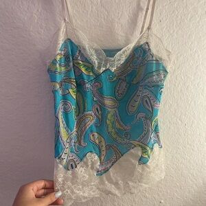 On Gossamer Lace-Trim Paisley Cami Tank Top in Turquoise